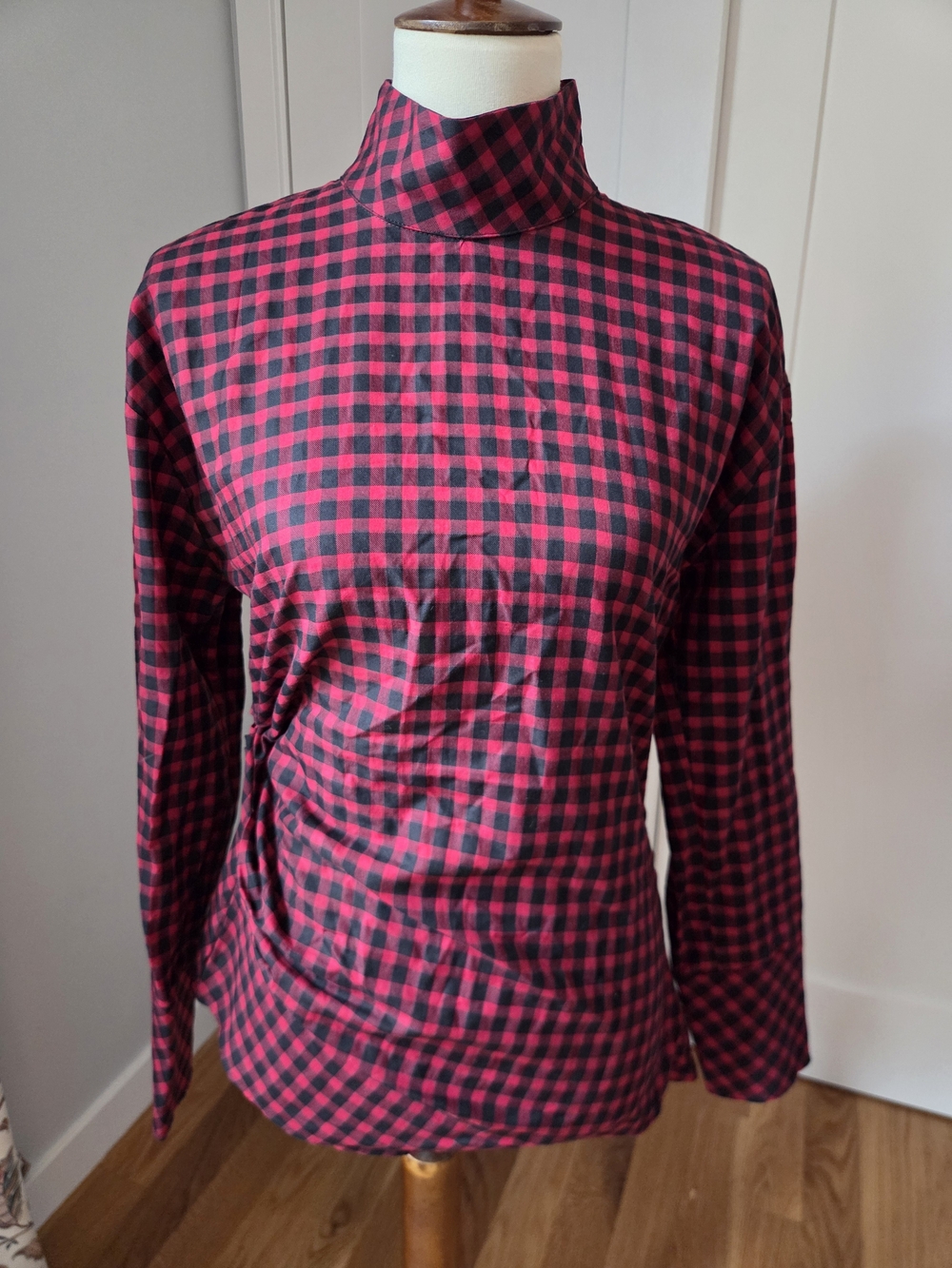 Zara Red and Black Check Mock Neck Long Sleeve Top